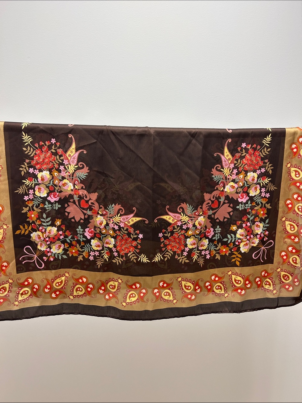 Floral Brown square Scarf with Pink & Red Accents image 3